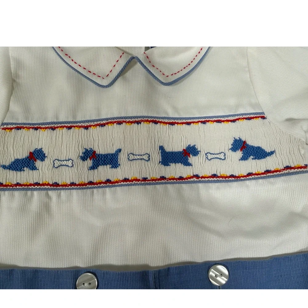 Carriage Boutiques Boys Smocked Bobby Suit Blue White Dog 24M Old Money Vintage